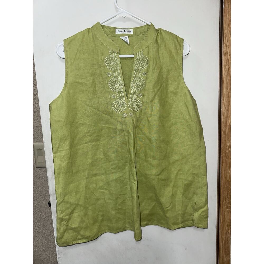 SUSAN BRISTOL Green Sleeveless 100% Linen Tank Top Womens Size Large